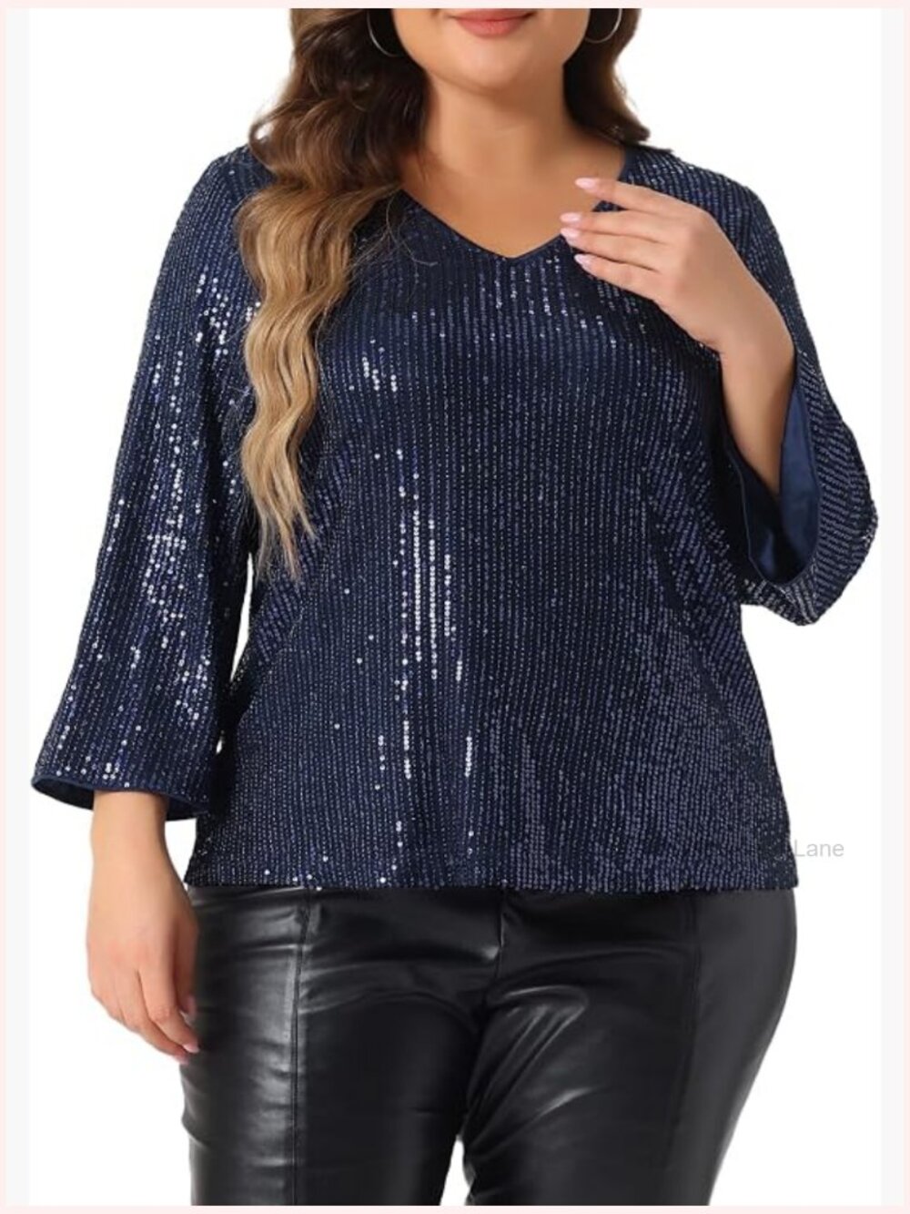Plus Size Sequin Top 3/4 Sleeve V Neck Sparkly Party Blouse Shimmer Glitter Top